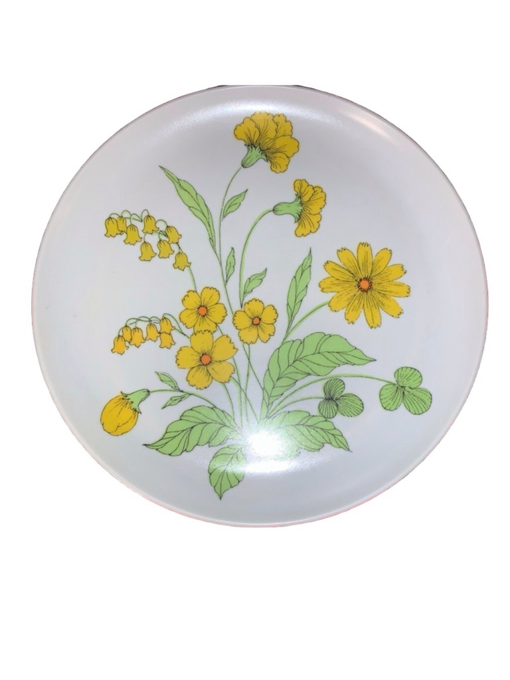 Vintage melamine Dinnerware replacement Plate White Yellow Floral clover